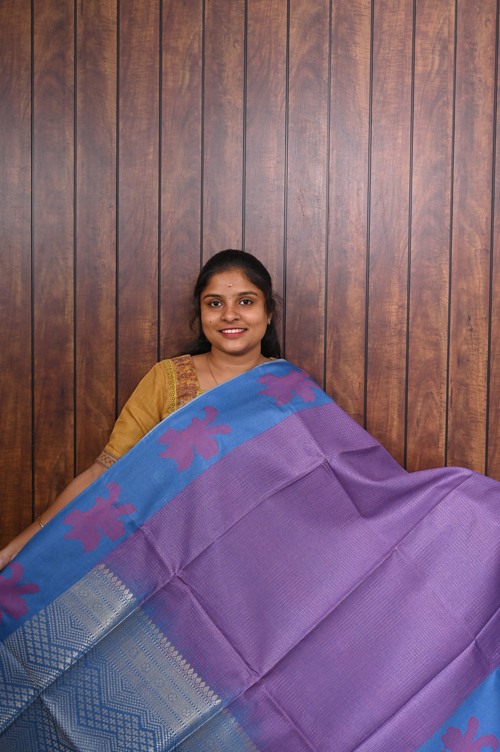 Semi Tussar Saree SLM-STS-0026 - Purple with a blue pallu and pink leaf motifs - front view