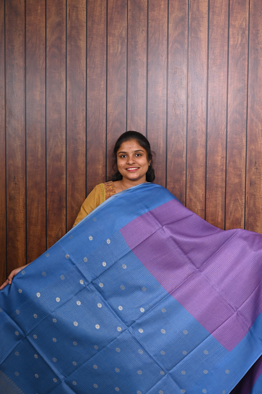 Semi Tussar Saree SLM-STS-0026 - Purple with a blue pallu and pink leaf motifs - second view