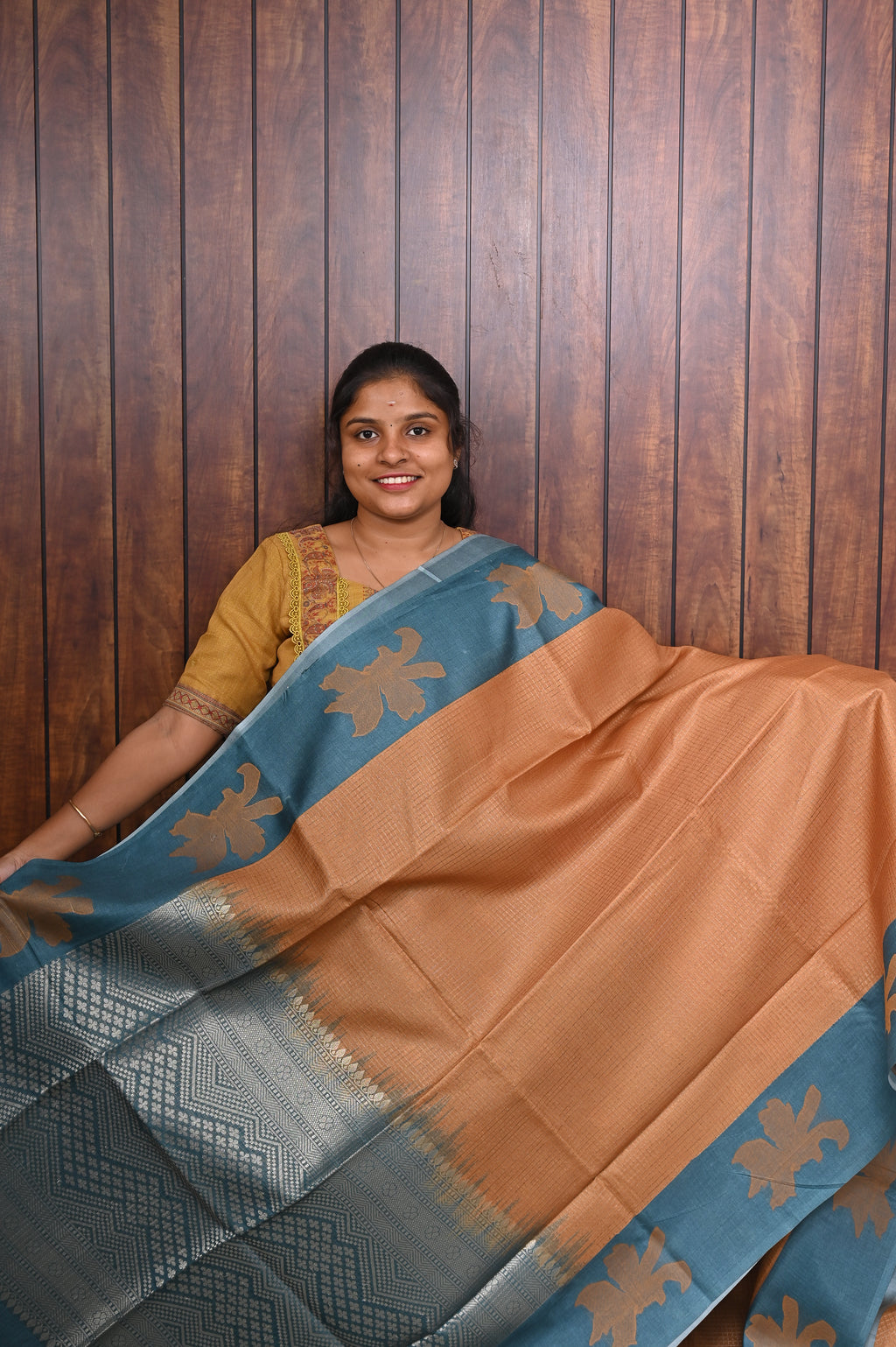 Semi Tussar Saree SLM-STS-0027 - Peach with a teal border and pallu - front view