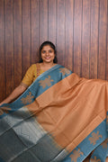 Semi Tussar Saree SLM-STS-0027 - Peach with a teal border and pallu - front view