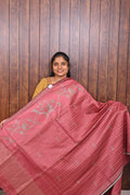 Semi Tussar Saree SLM-STS-0028 - Coral pink with floral motifs - front view