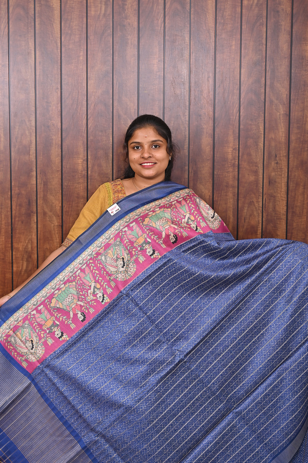 Semi Tussar Saree SLM-STS-0029 - Navy blue striped body with a pink and blue patterned border - front view