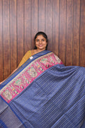 Semi Tussar Saree SLM-STS-0029 - Navy blue striped body with a pink and blue patterned border - front view