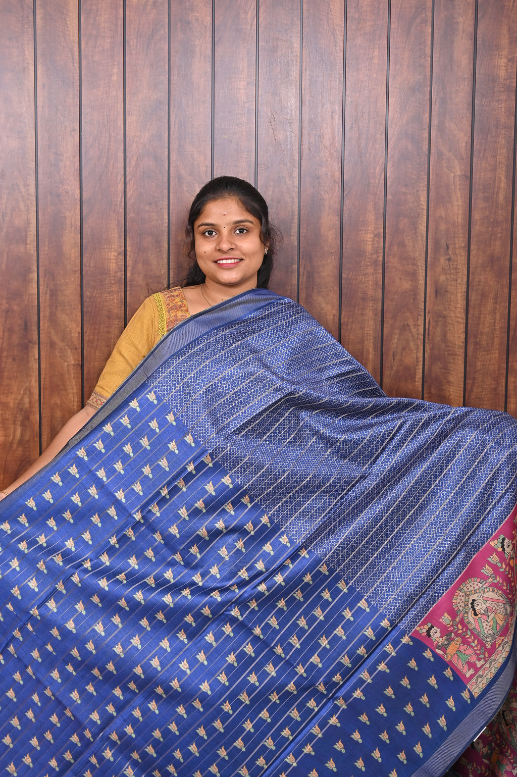 Semi Tussar Saree SLM-STS-0029 - Navy blue striped body with a pink and blue patterned border - second view
