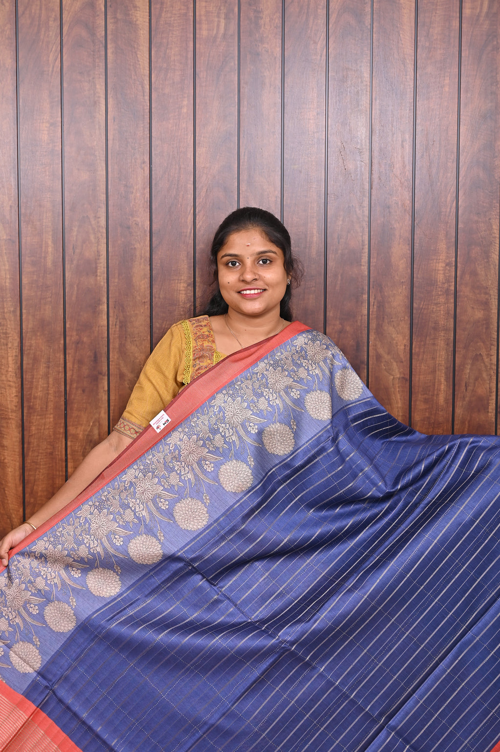 Semi Tussar Saree SLM-STS-0030 - Navy blue striped body with a beige patterned border - front view