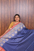Semi Tussar Saree SLM-STS-0030 - Navy blue striped body with a beige patterned border - front view