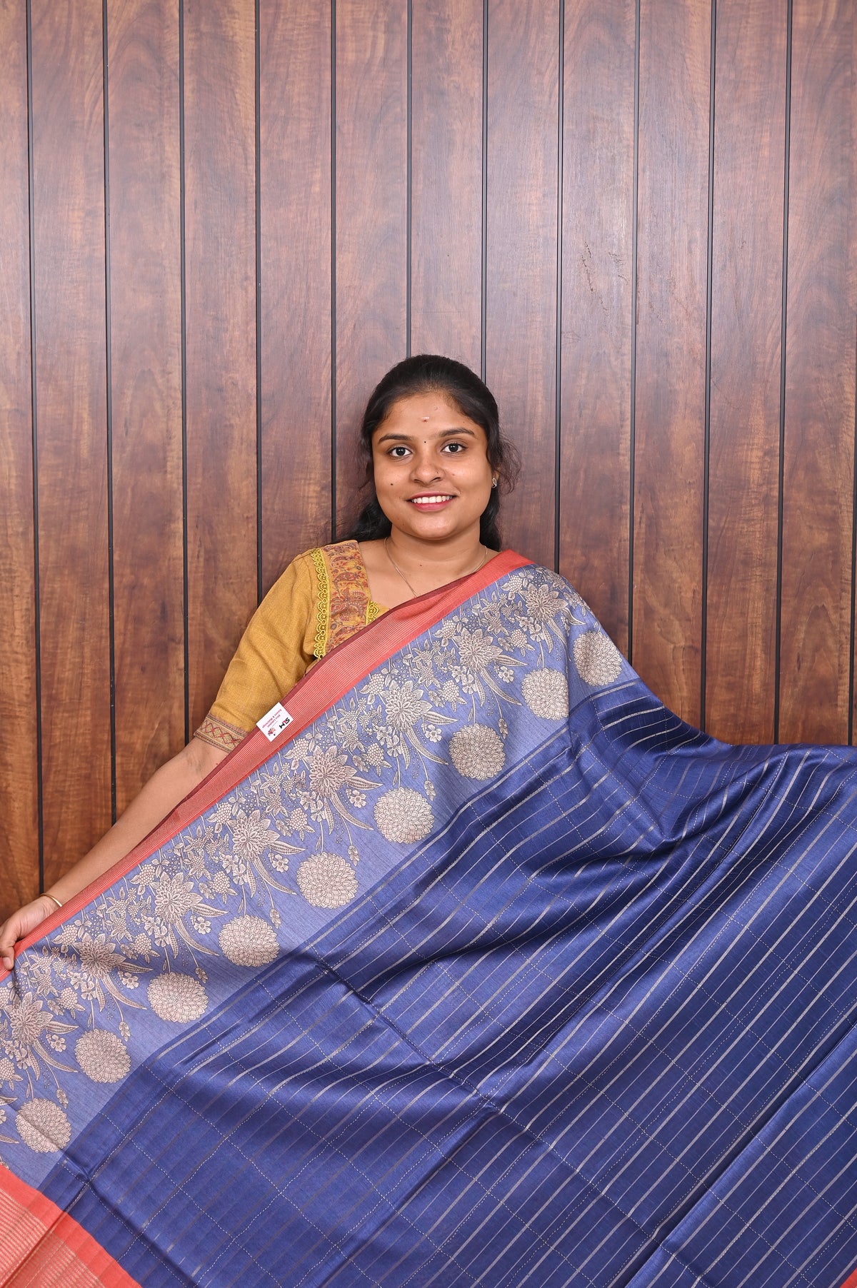 Semi Tussar Saree SLM-STS-0030 - Navy blue striped body with a beige patterned border - front view