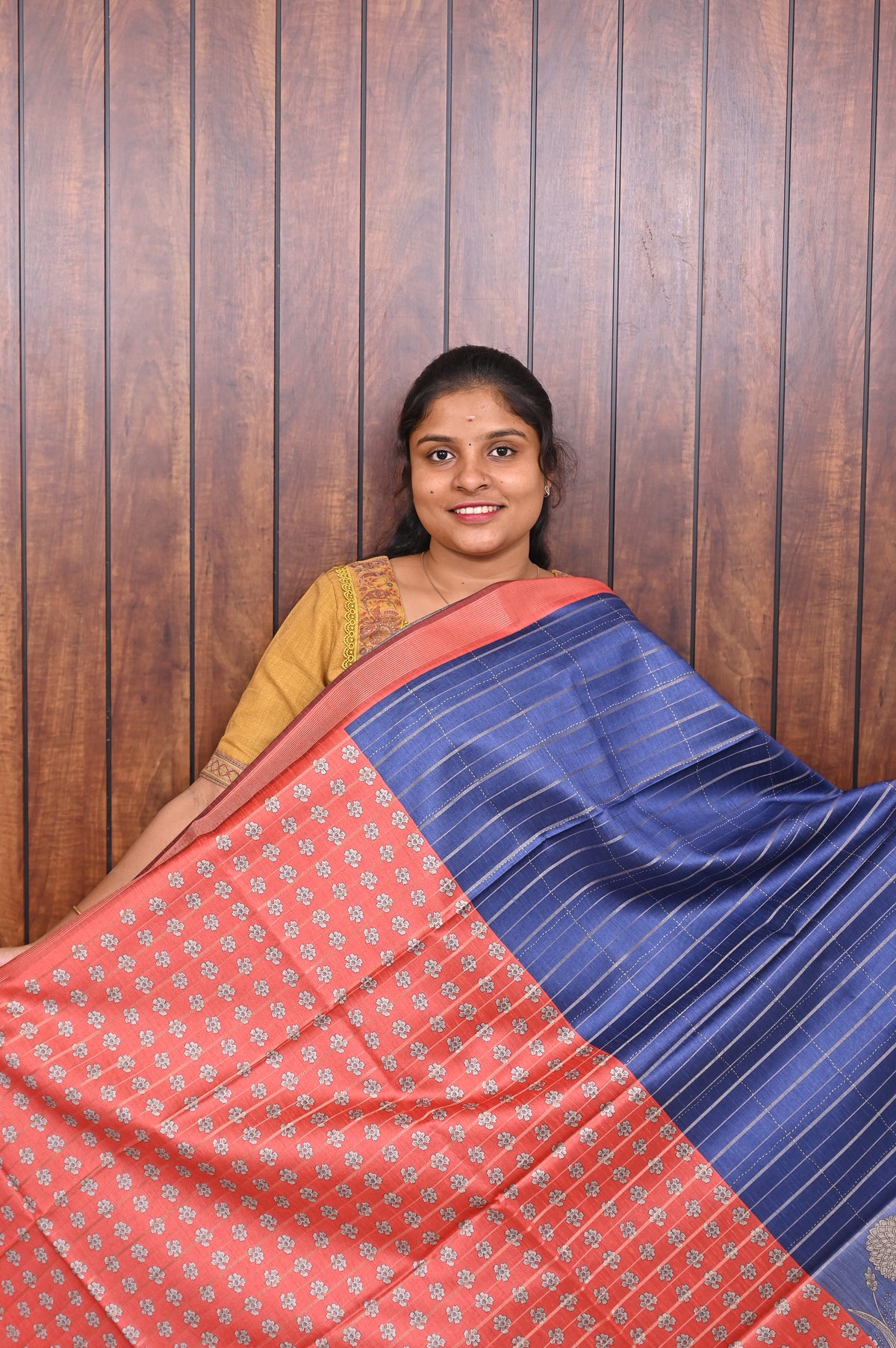 Semi Tussar Saree SLM-STS-0030 - Navy blue striped body with a beige patterned border - second view