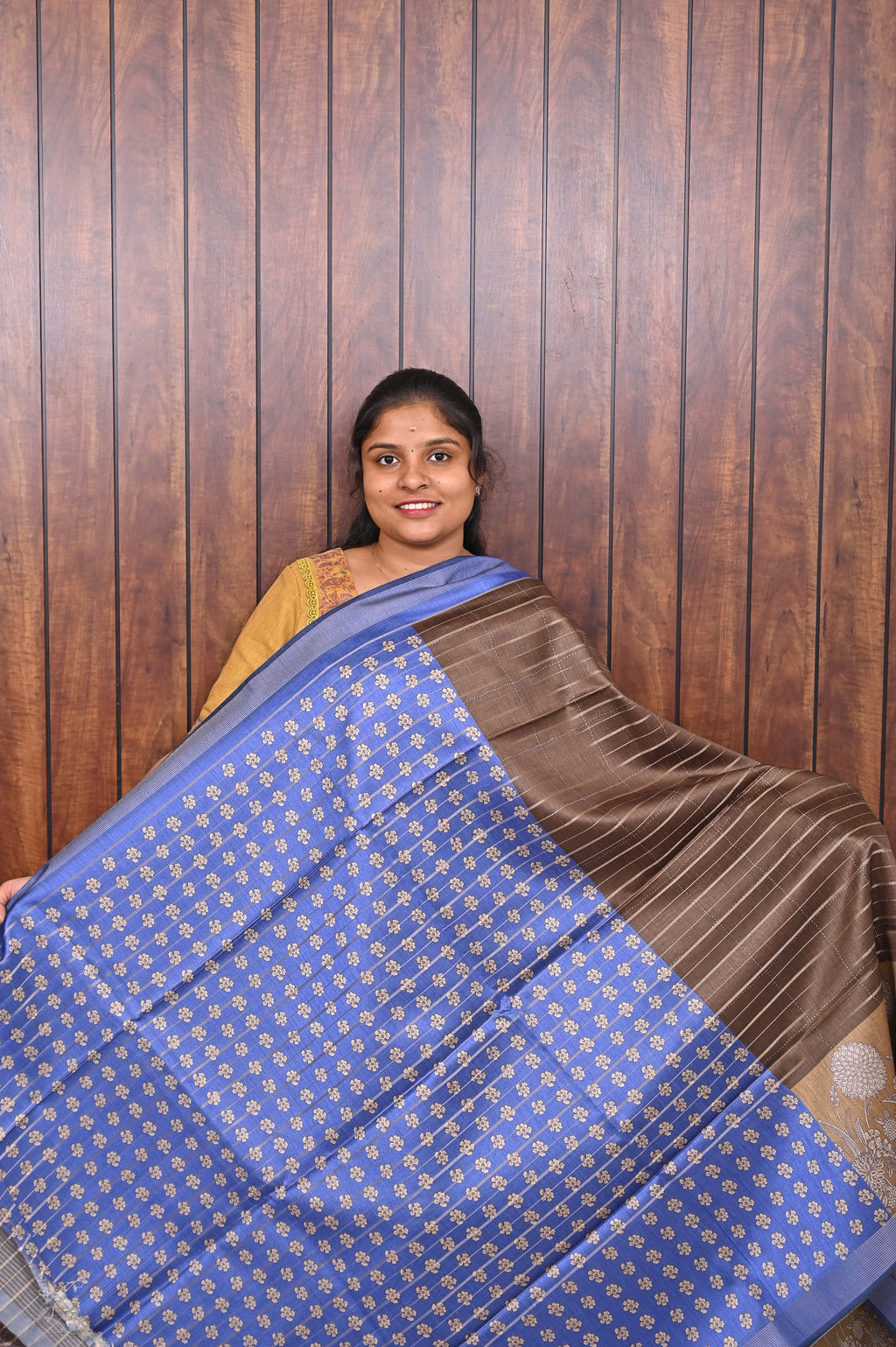 Semi Tussar Saree SLM-STS-0031 - Brown striped body with a beige patterned border - second view