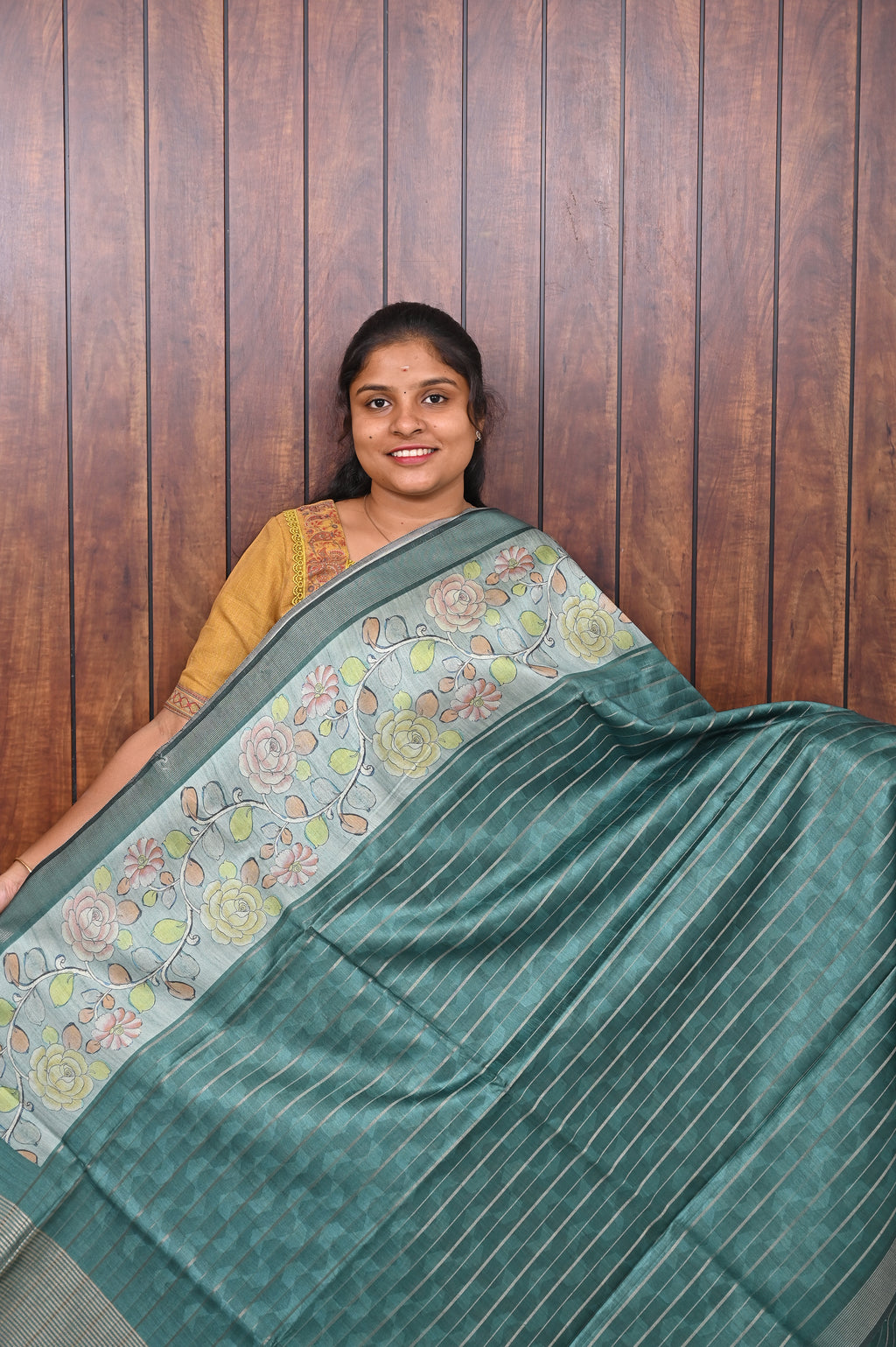 Semi Tussar Saree SLM-STS-0032 - Teal green with a pastel floral border - front view