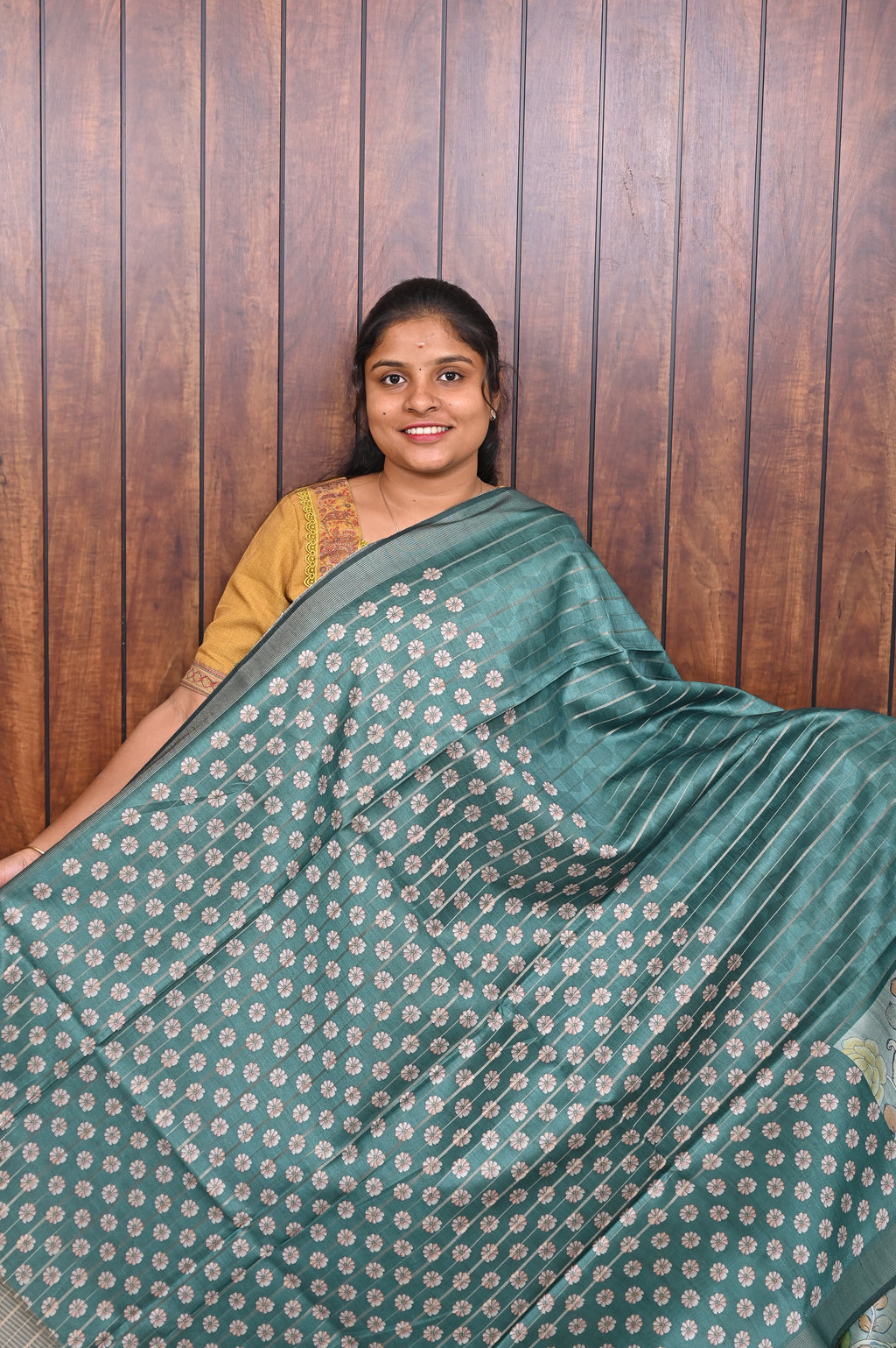 Semi Tussar Saree SLM-STS-0032 - Teal green with a pastel floral border - second view