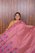 Semi Tussar Saree SLM-STS-0034 - Pink with a floral border and butta motifs - front view