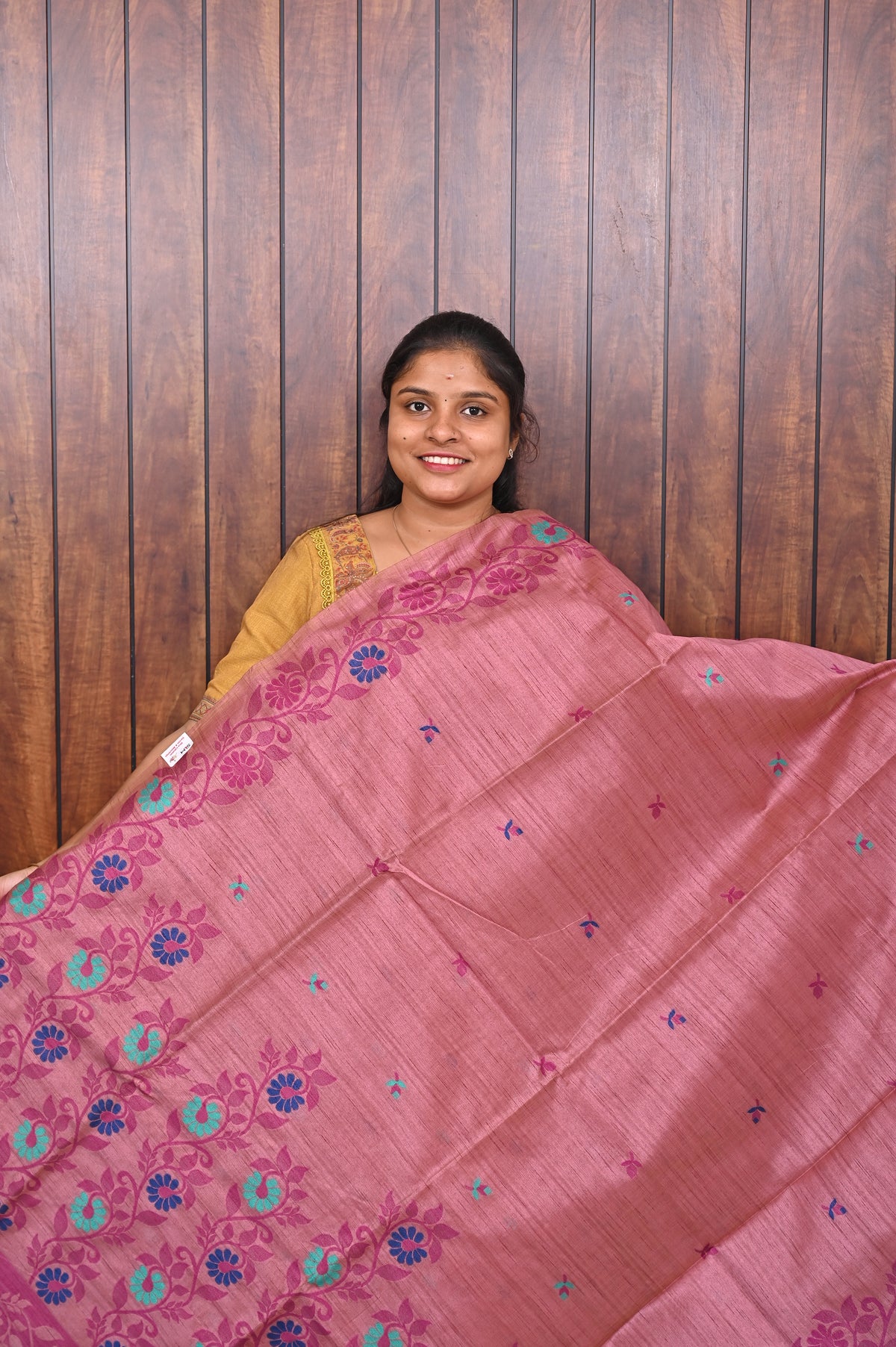 Semi Tussar Saree SLM-STS-0034 - Pink with a floral border and butta motifs - front view