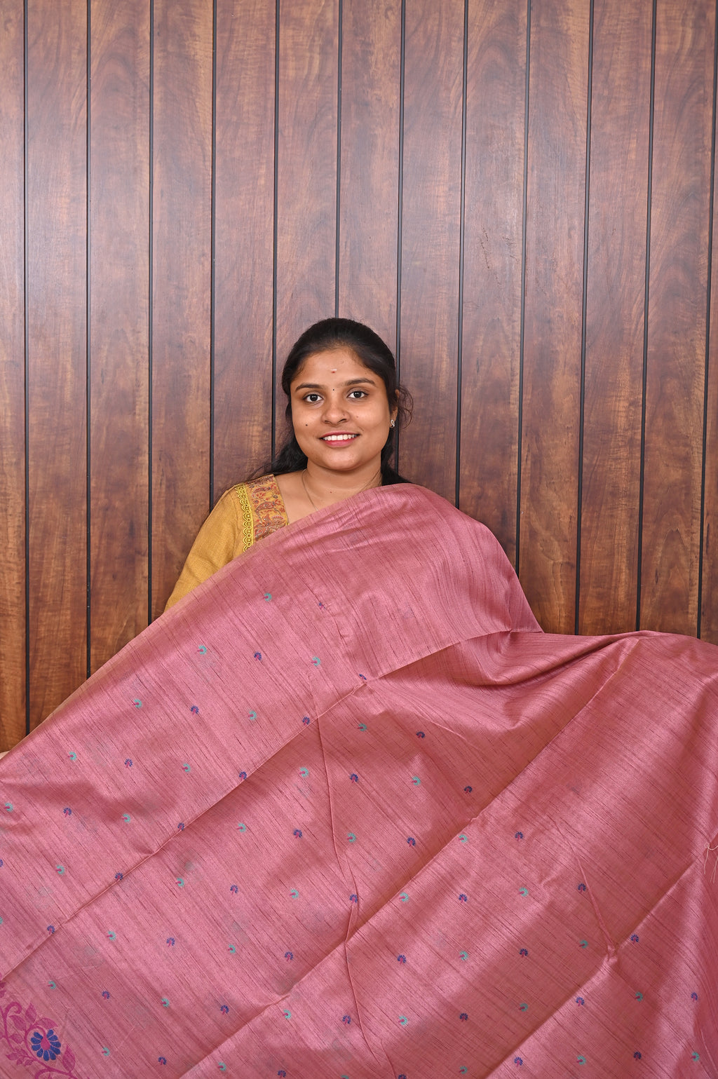 Semi Tussar Saree SLM-STS-0034 - Pink with a floral border and butta motifs - second view