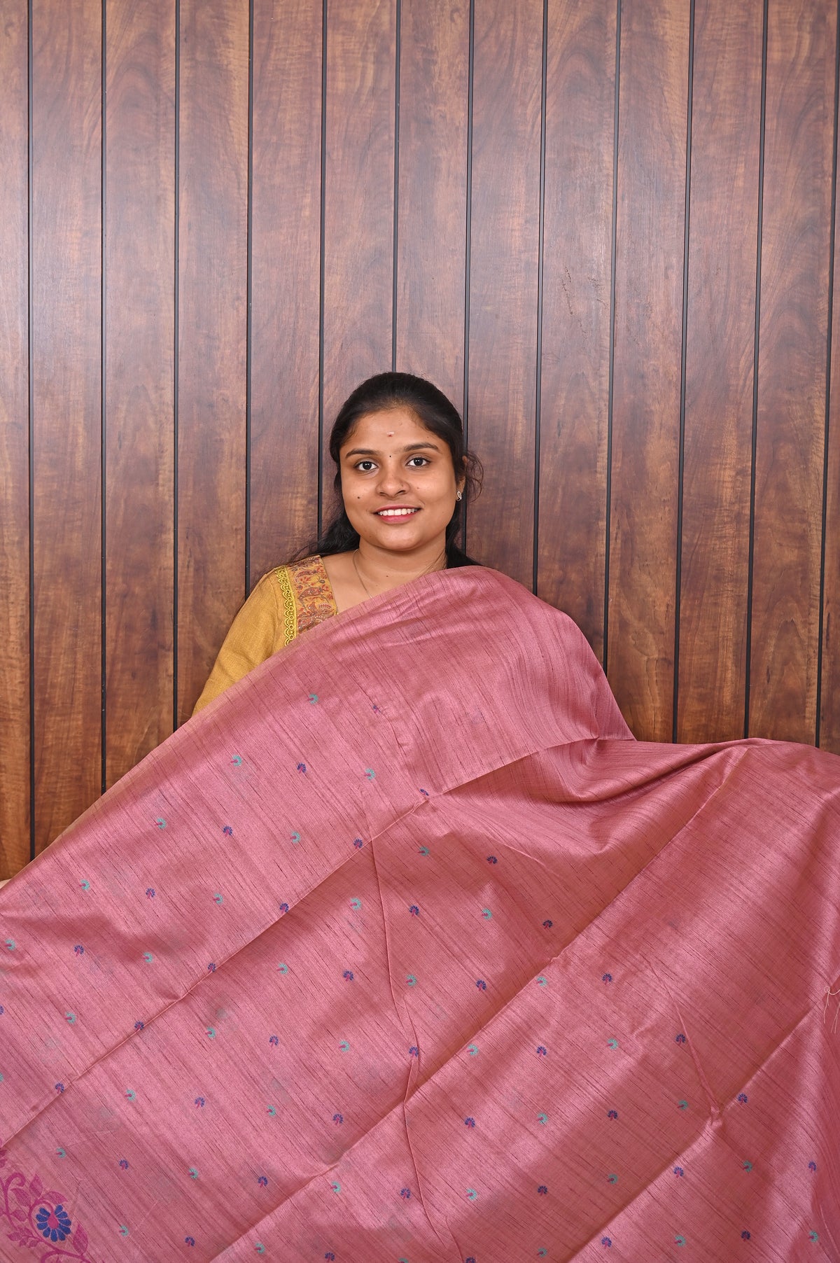 Semi Tussar Saree SLM-STS-0034 - Pink with a floral border and butta motifs - second view