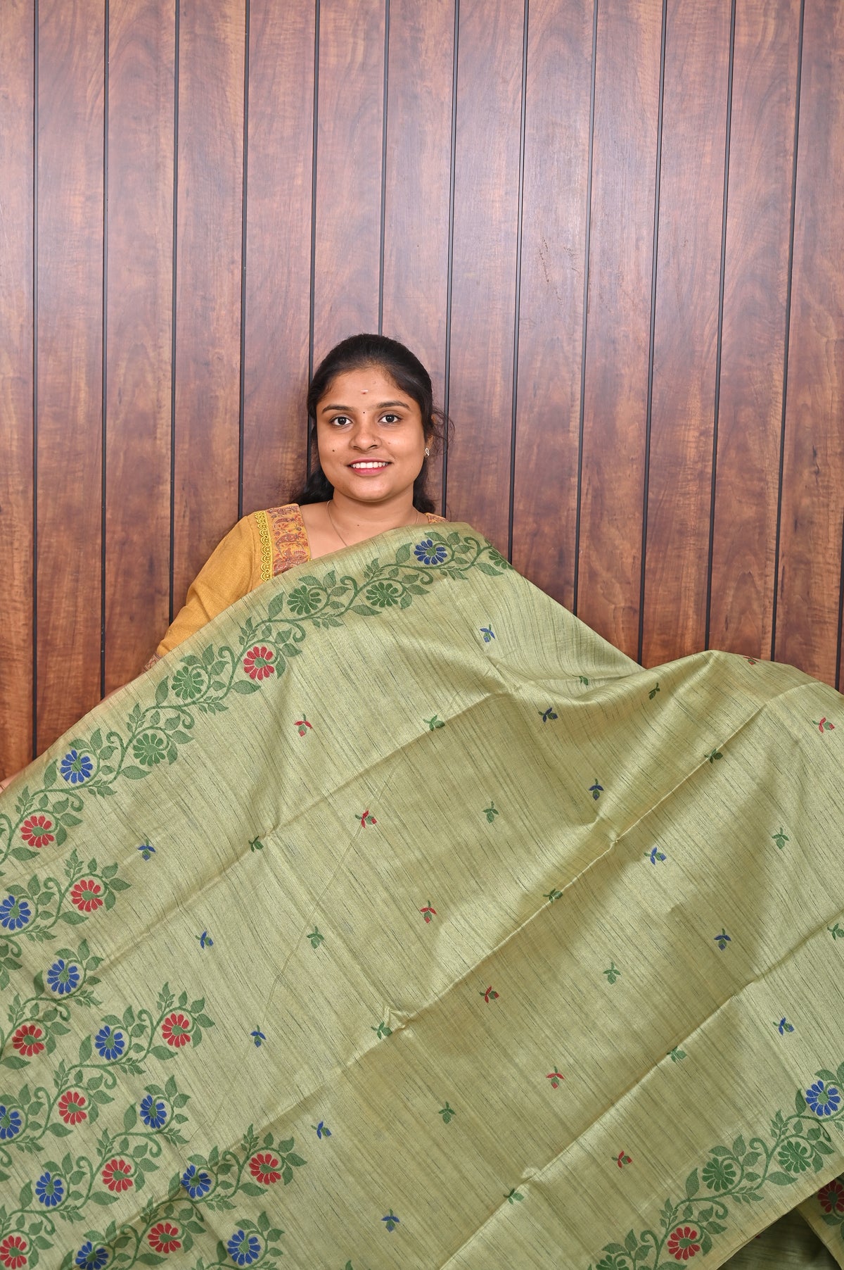 Semi Tussar Saree SLM-STS-0035 - Pista green with a floral border and butta motifs - front view