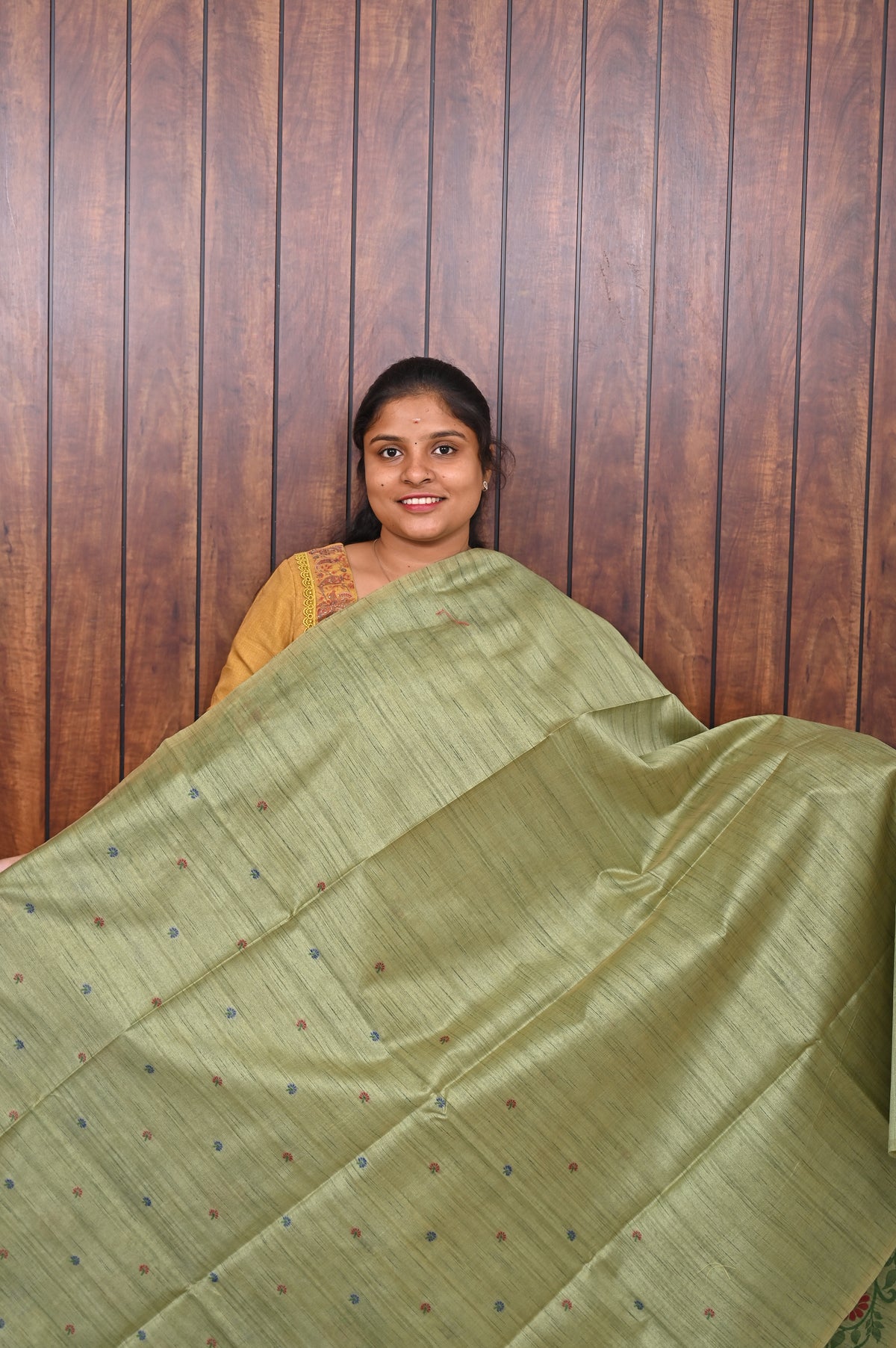 Semi Tussar Saree SLM-STS-0035 - Pista green with a floral border and butta motifs - second view