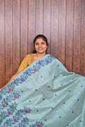 Semi Tussar Saree SLM-STS-0036 - Ice blue with a floral border and butta motifs - front view