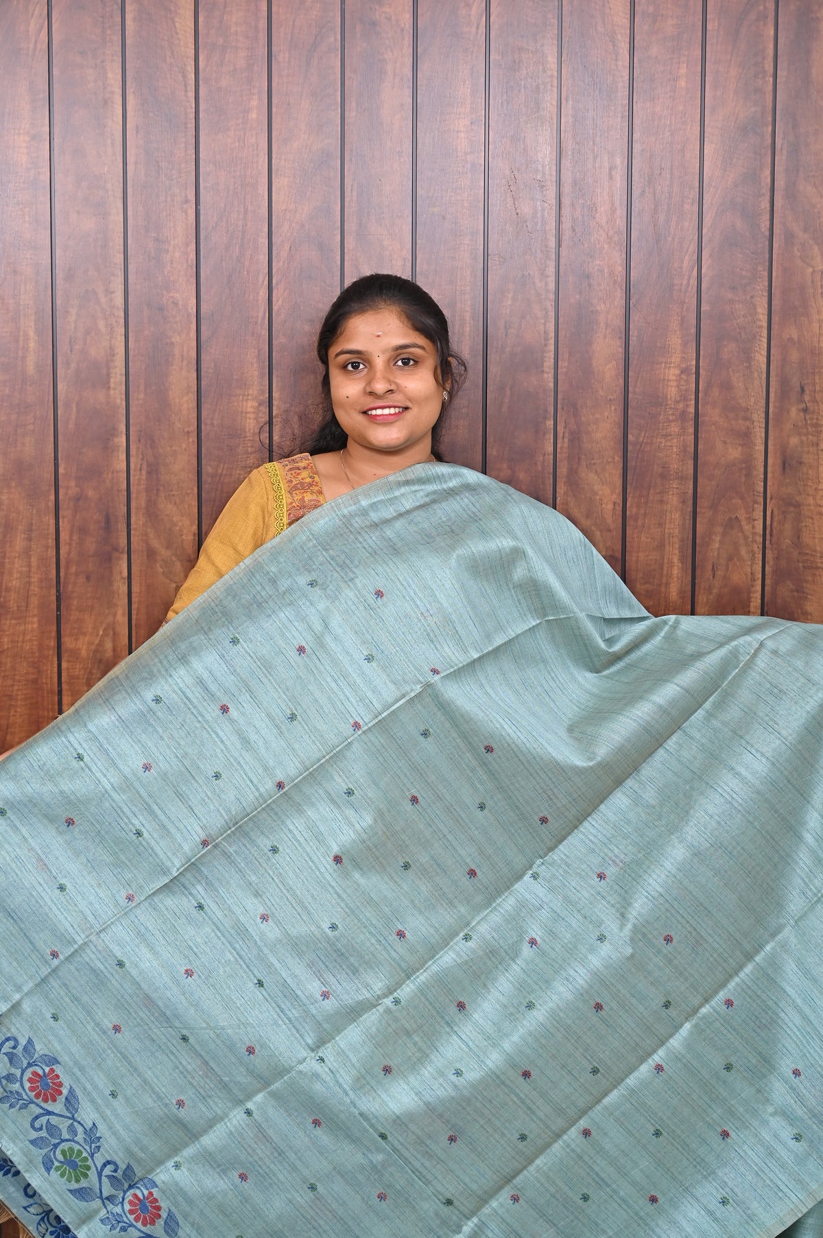 Semi Tussar Saree SLM-STS-0036 - Ice blue with a floral border and butta motifs - second view
