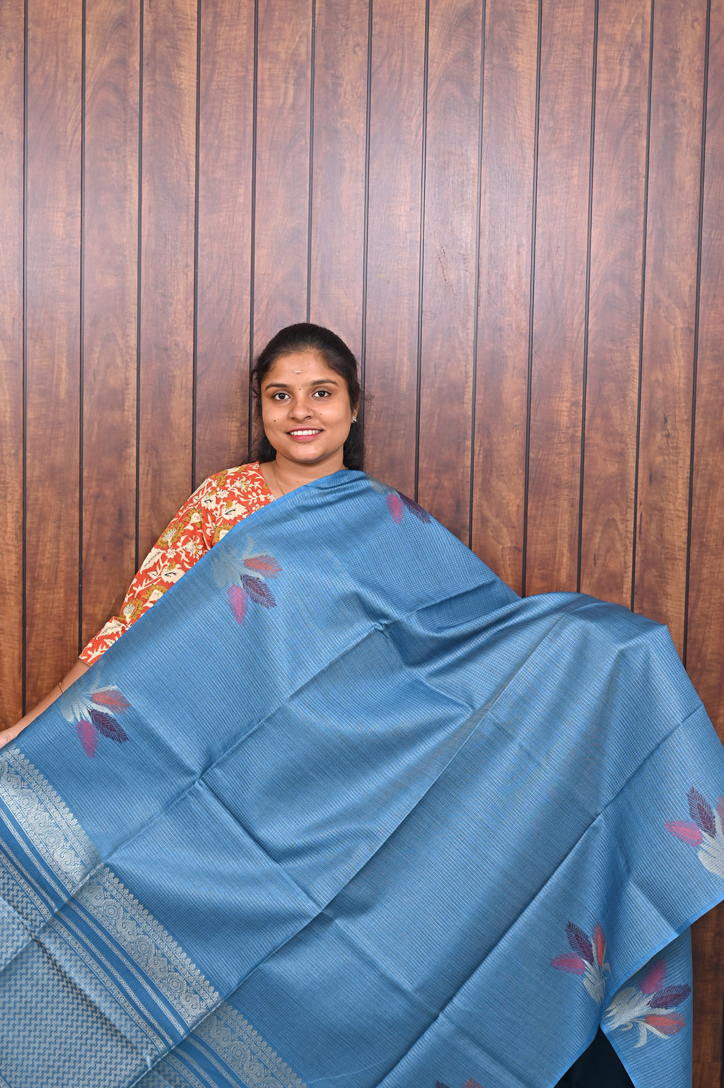 Semi Tussar Saree SLM-STS-0038 - Blue with lotus butta motifs - front view