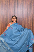 Semi Tussar Saree SLM-STS-0038 - Blue with lotus butta motifs - front view