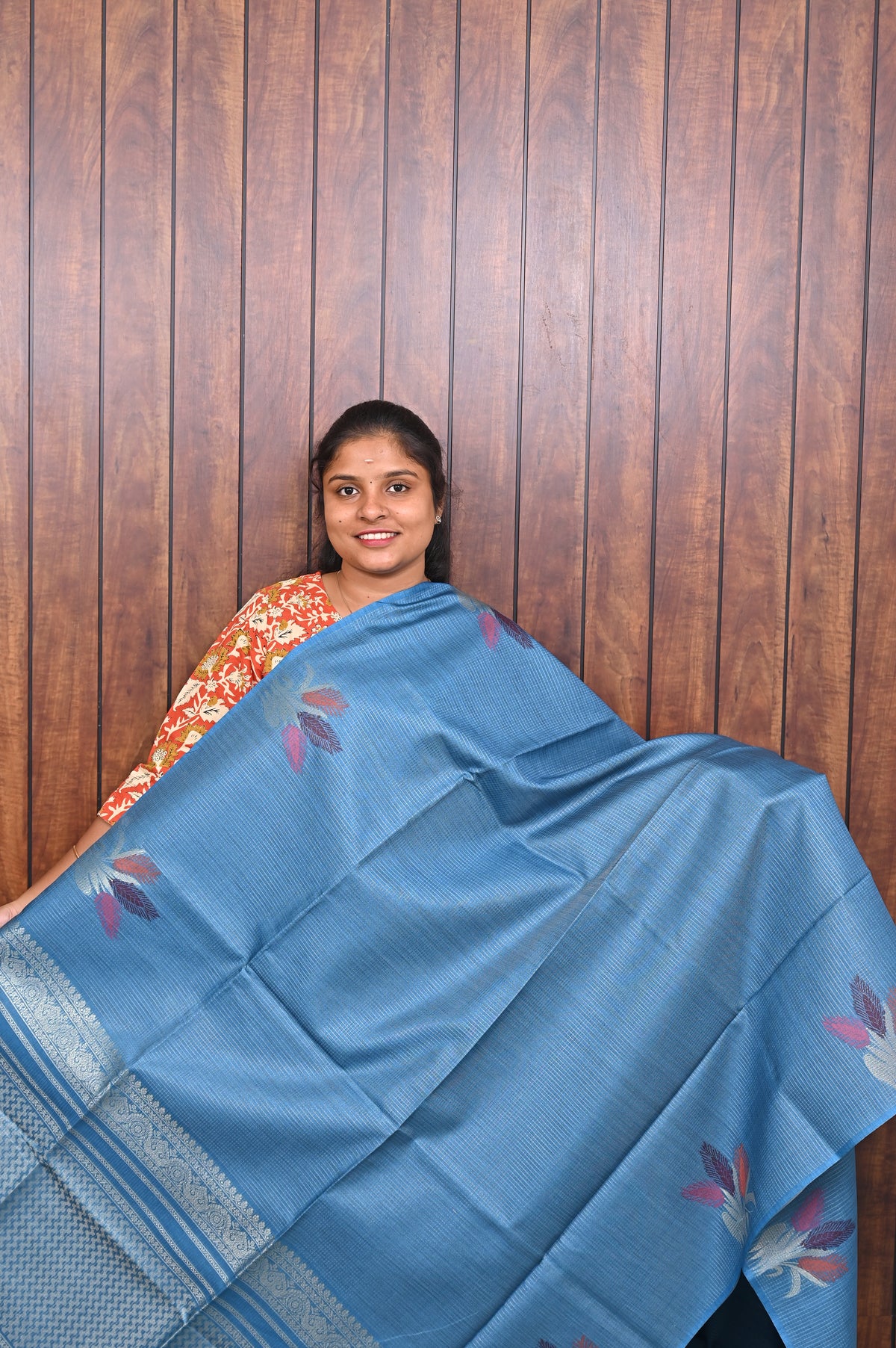 Semi Tussar Saree SLM-STS-0038 - Blue with lotus butta motifs - front view