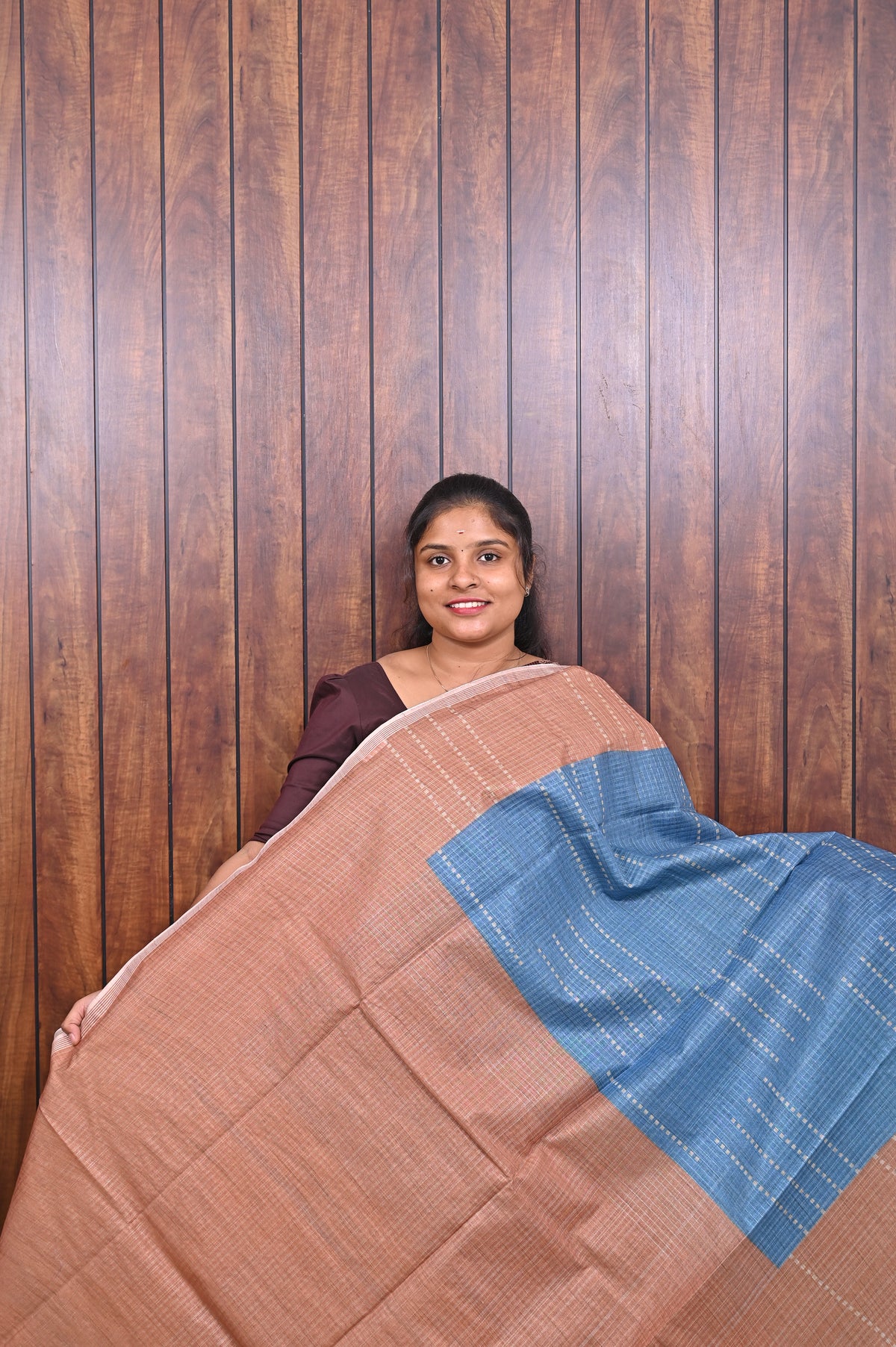 Semi Tussar Saree SLM-STS-0041 - Blue with a peach pallu and circular motif border - second view
