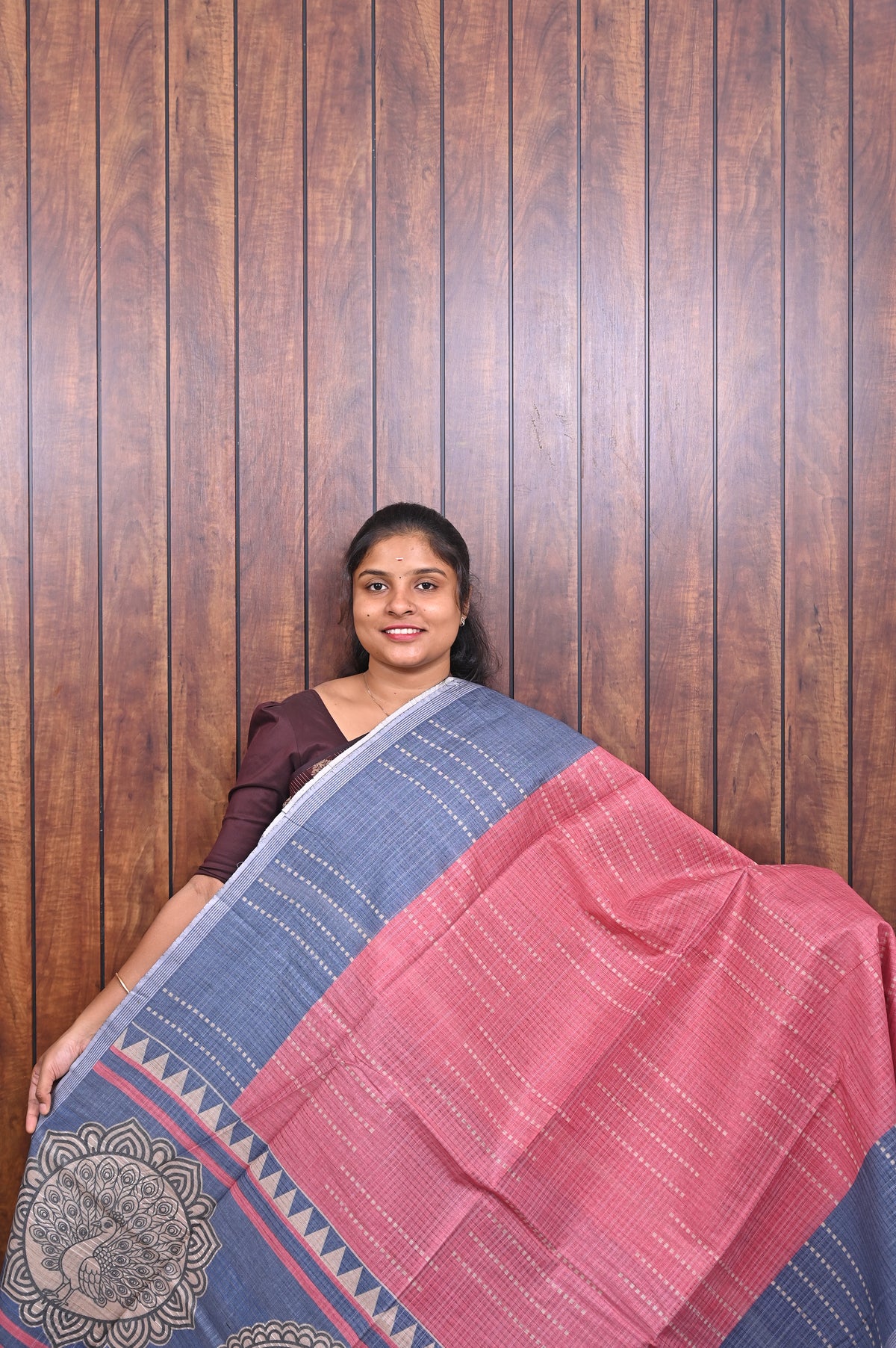 Semi Tussar Saree SLM-STS-0042 - Pink with a slate blue pallu and circular motif border - front view