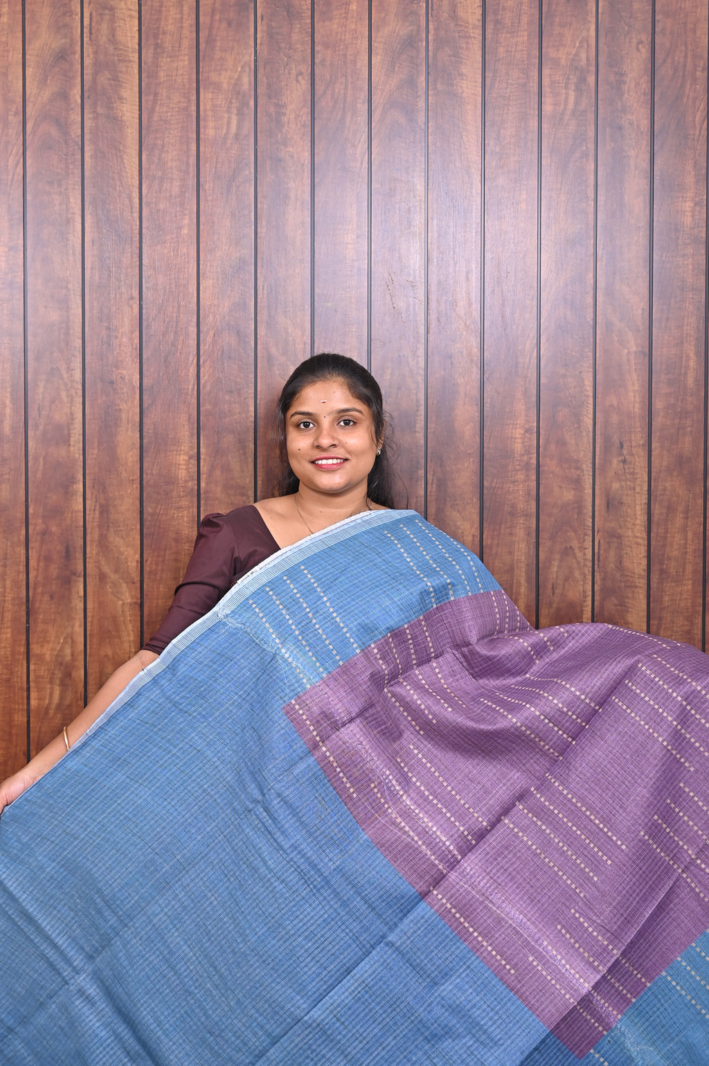 Semi Tussar Saree SLM-STS-0044 - Purple with a blue pallu and circular motif border - second view