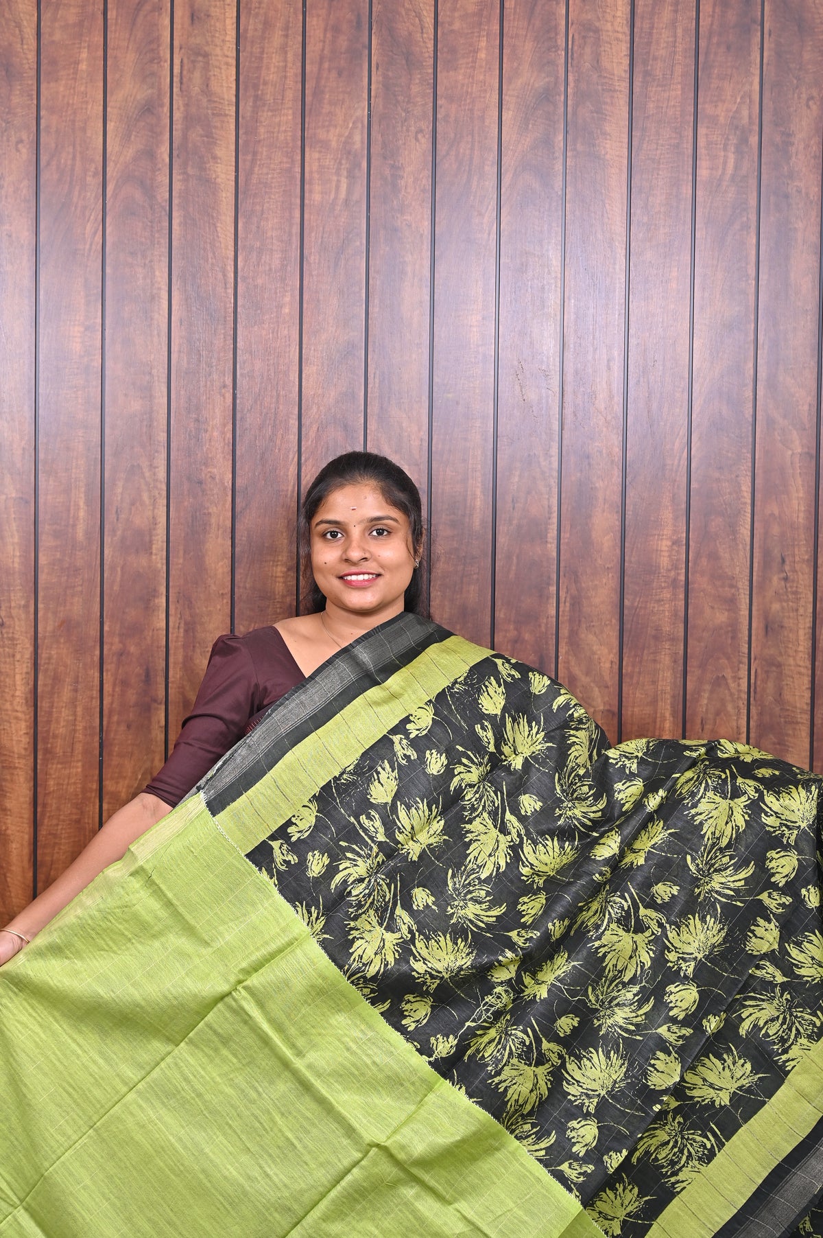 Semi Tussar Saree SLM-STS-0046 - Black with lime green floral print and a lime border - second view