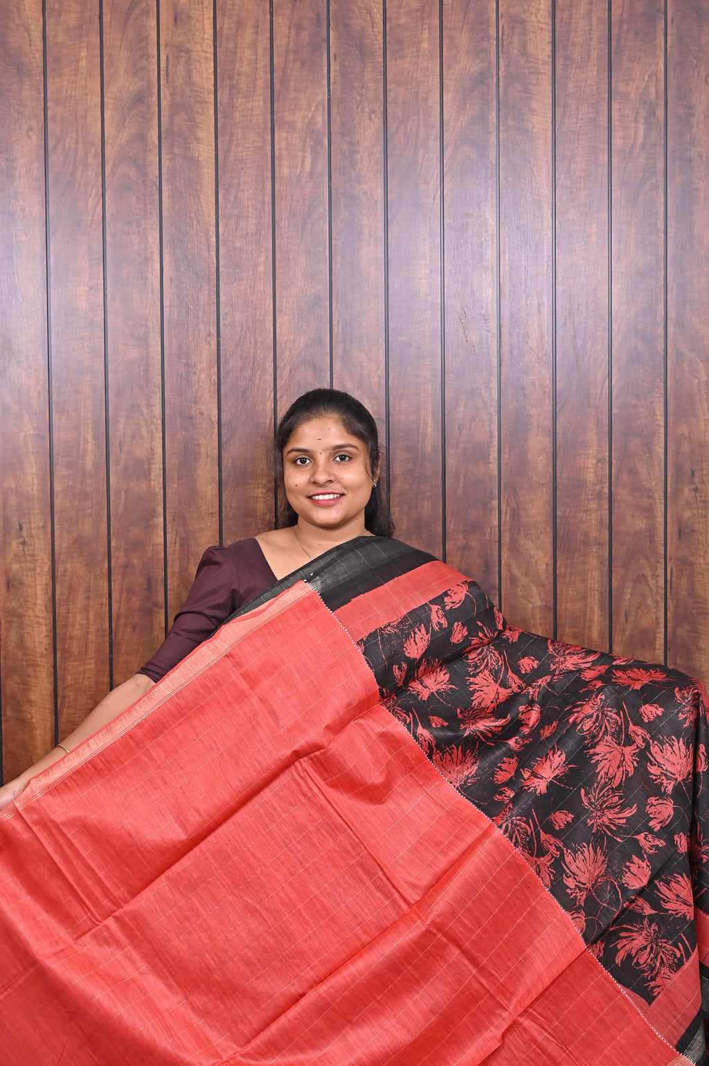 Semi Tussar Saree SLM-STS-0047 - Black with coral floral print and a coral border - second view