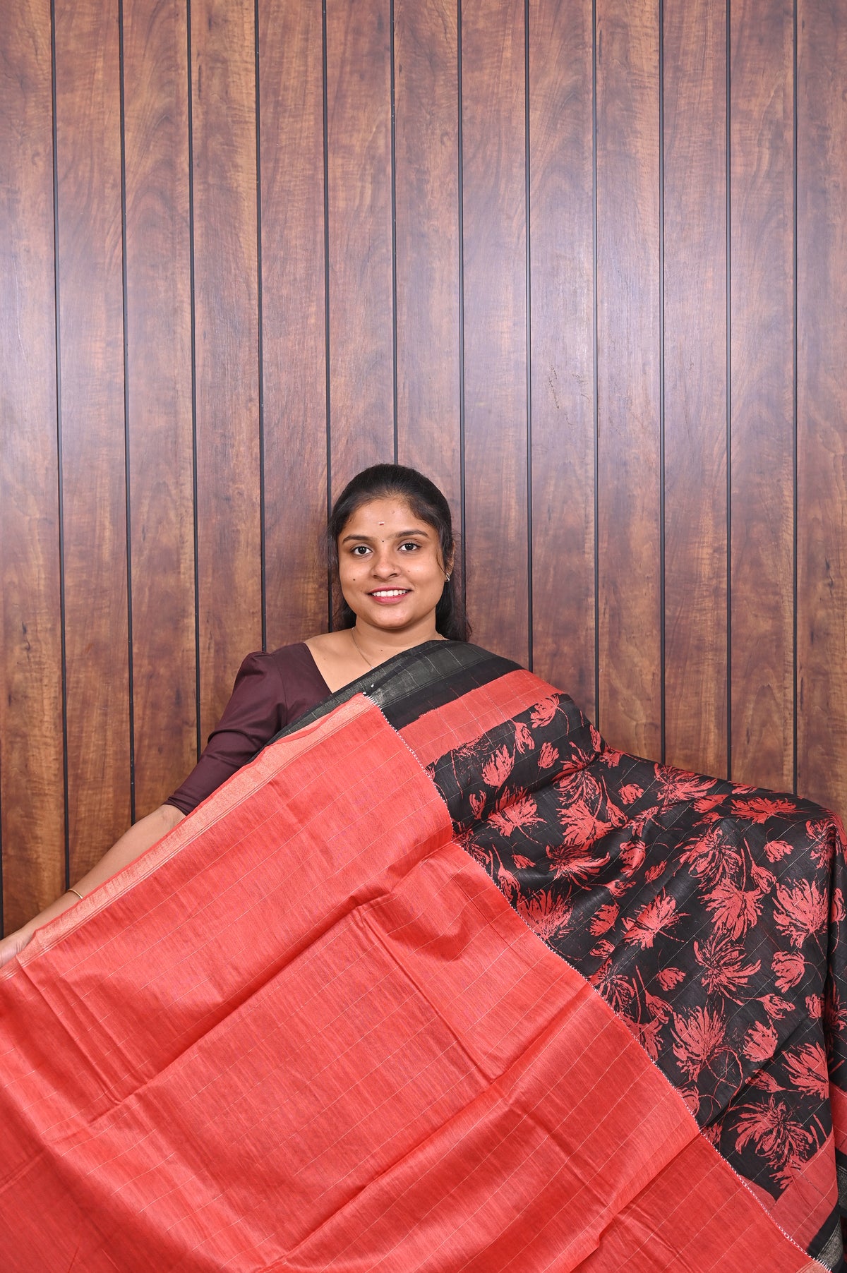 Semi Tussar Saree SLM-STS-0047 - Black with coral floral print and a coral border - second view