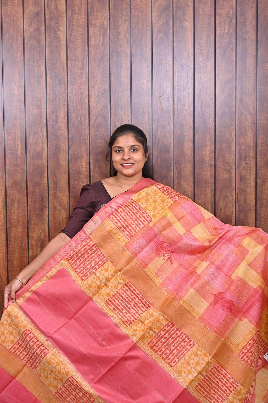 Semi Tussar Saree SLM-STS-0048 - Pink and mustard patchwork pattern - front view