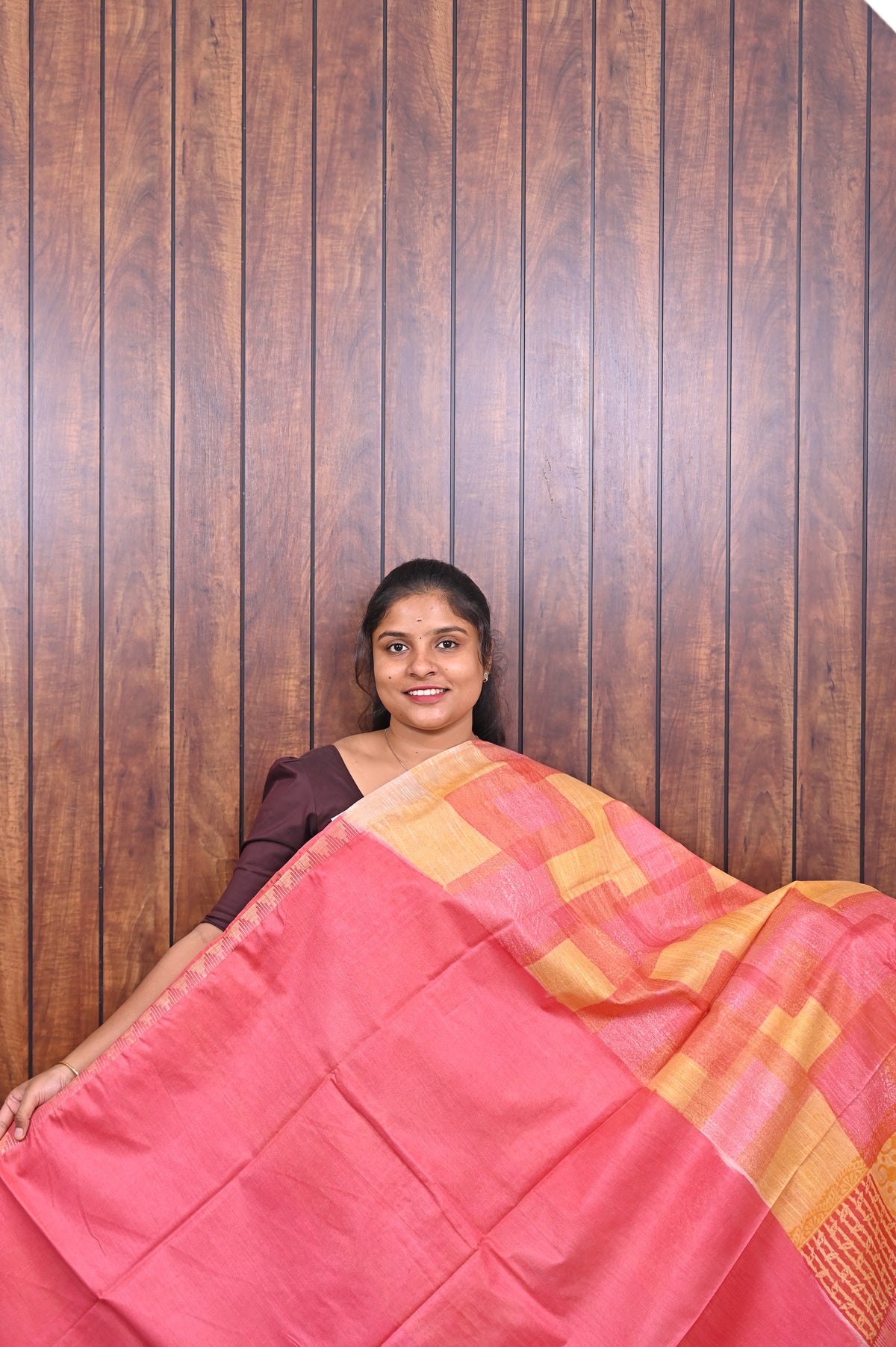Semi Tussar Saree SLM-STS-0048 - Pink and mustard patchwork pattern - second view