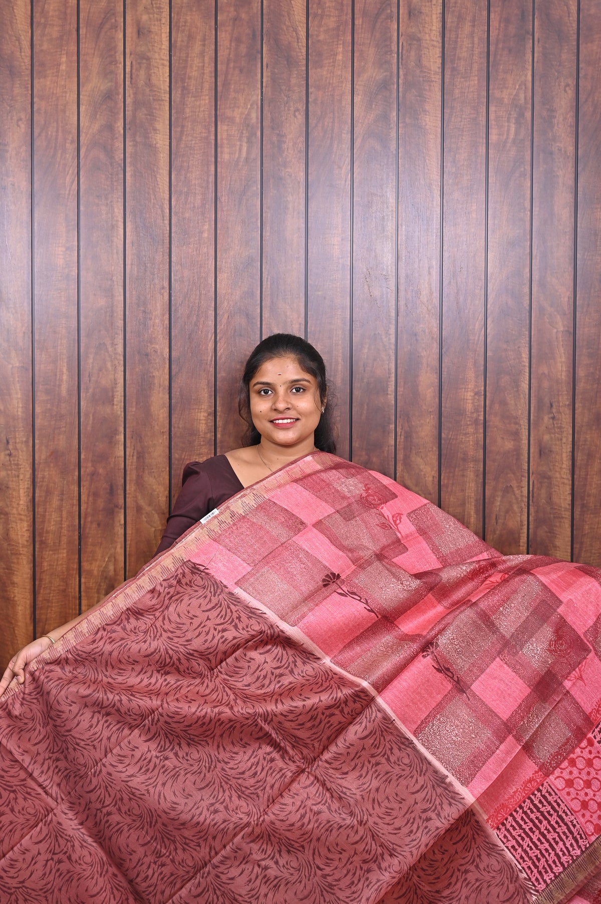 Semi Tussar Saree SLM-STS-0049 - Pink and maroon patchwork pattern - second view