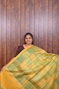 Semi Tussar Saree SLM-STS-0050 - Mustard yellow and green patchwork pattern - front view