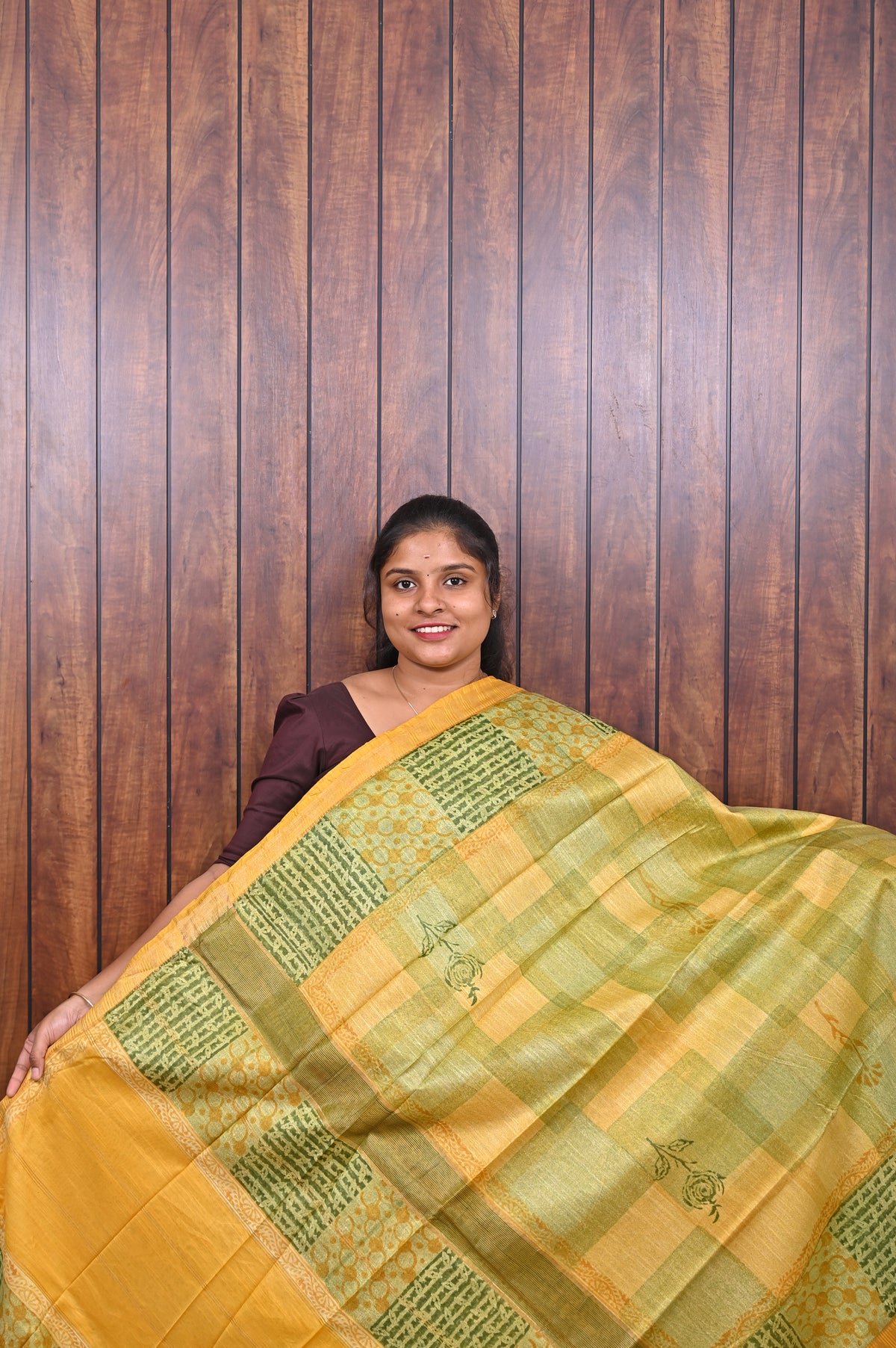 Semi Tussar Saree SLM-STS-0050 - Mustard yellow and green patchwork pattern - front view