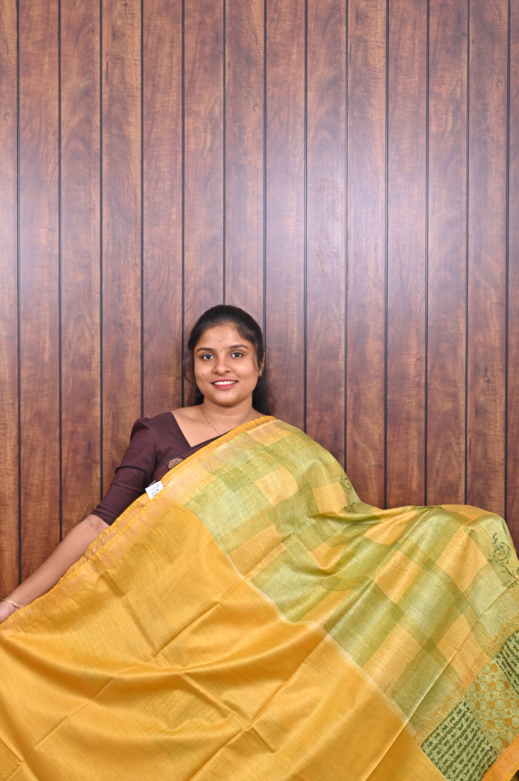 Semi Tussar Saree SLM-STS-0050 - Mustard yellow and green patchwork pattern - second view
