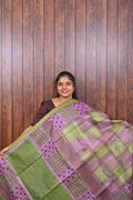 Semi Tussar Saree SLM-STS-0051 - Green and purple patchwork pattern - front view