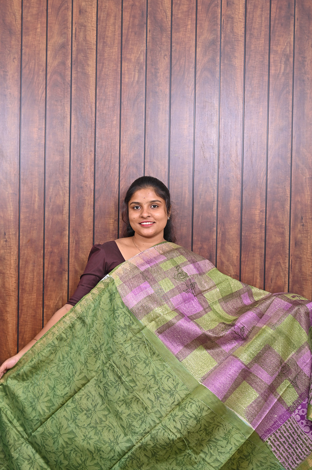 Semi Tussar Saree SLM-STS-0051 - Green and purple patchwork pattern - second view