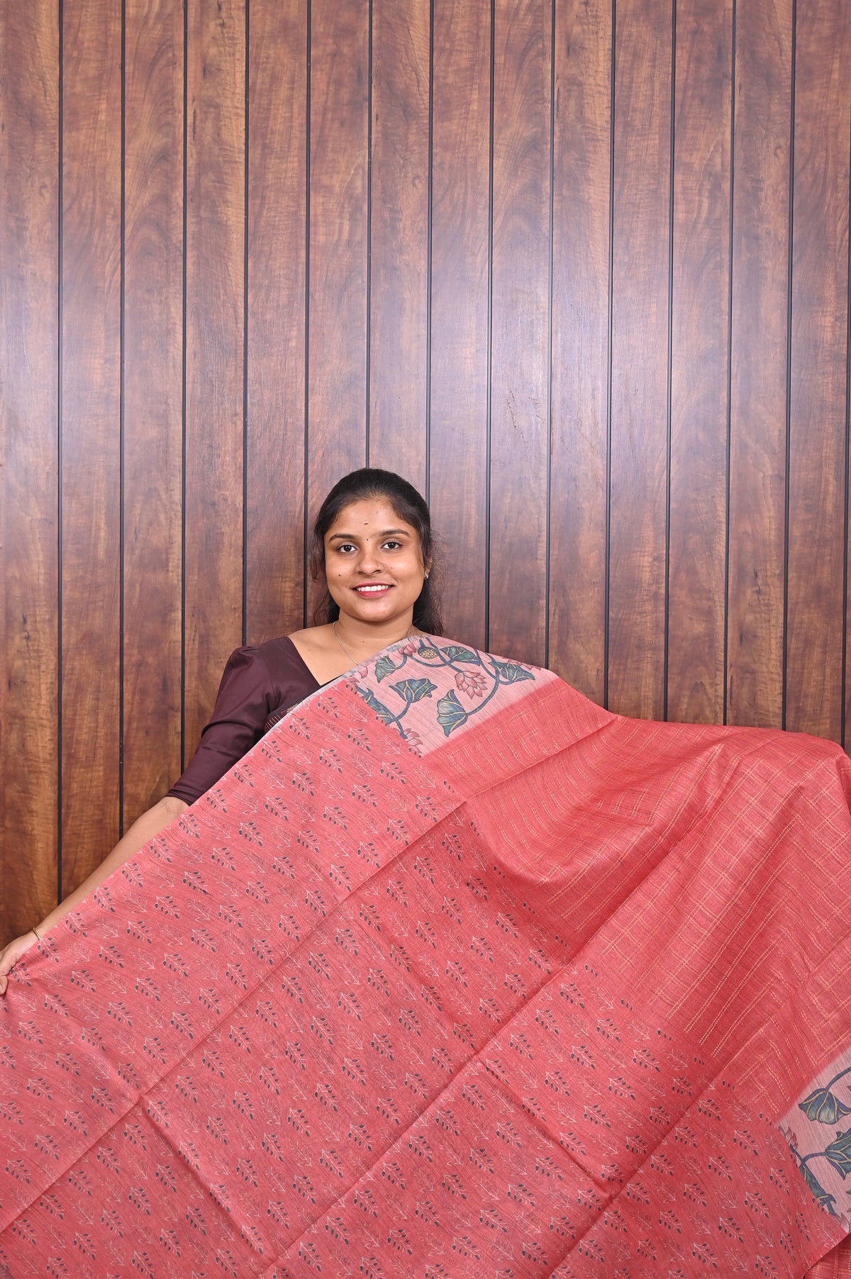Semi Tussar Saree SLM-STS-0052 - Coral pink with a pink printed floral pallu - second view