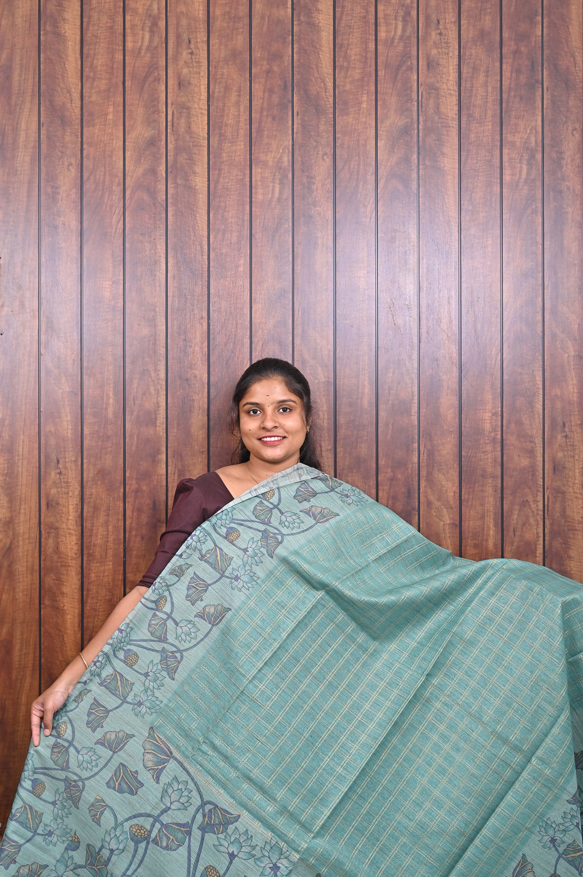 Semi Tussar Saree SLM-STS-0054 - Sea green with a printed floral pallu - front view