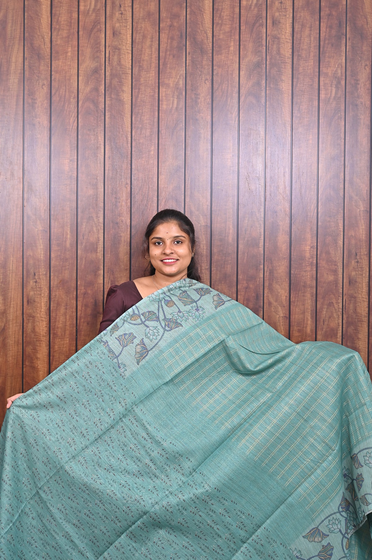 Semi Tussar Saree SLM-STS-0054 - Sea green with a printed floral pallu - second view