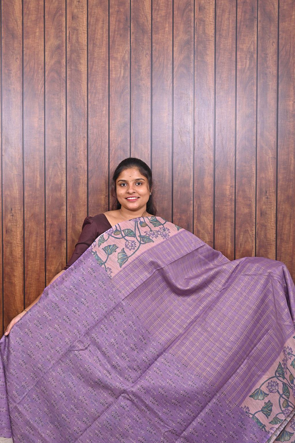 Semi Tussar Saree SLM-STS-0055 - Lavender with a pink printed floral pallu - second view