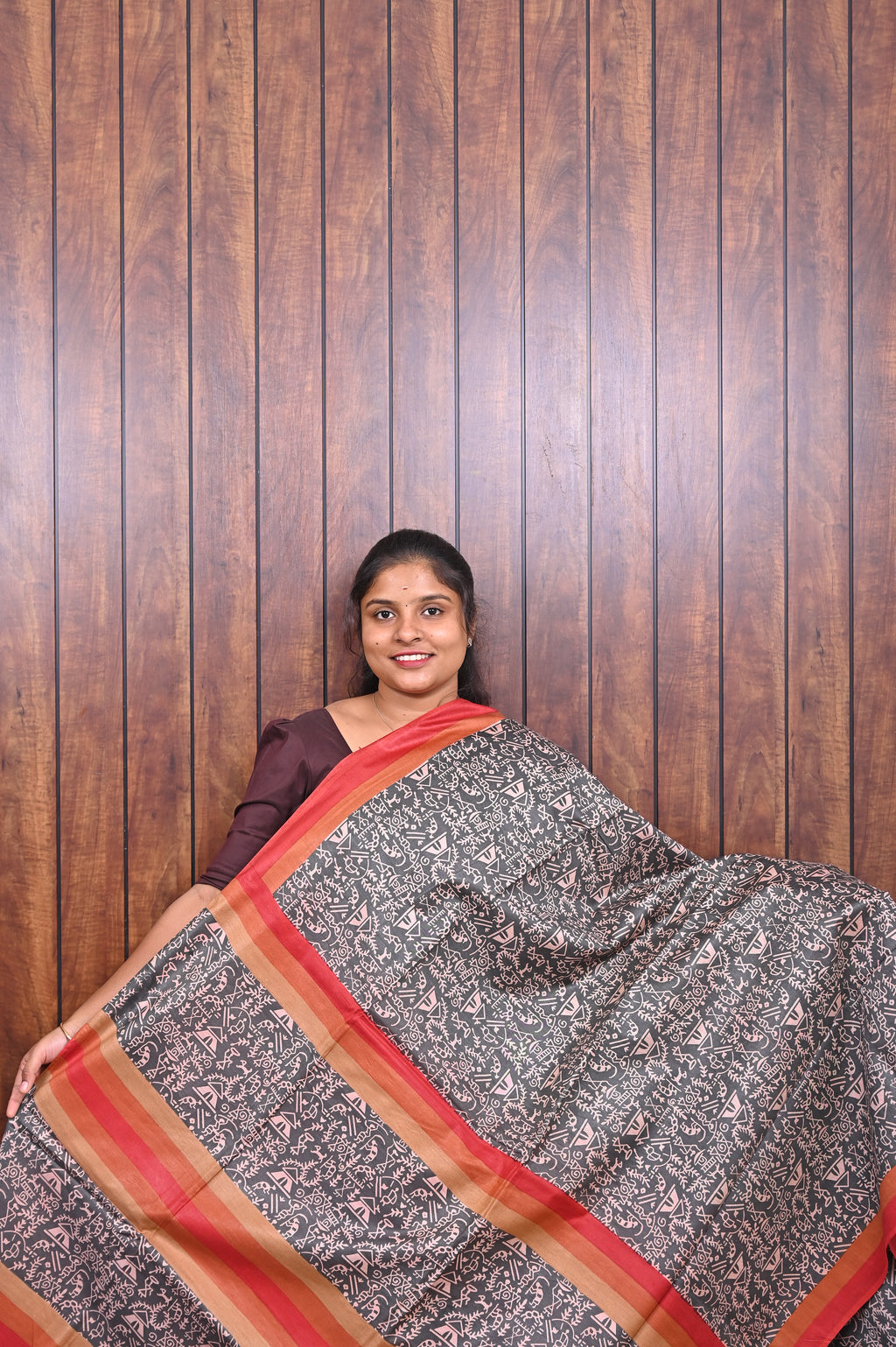 Semi Tussar Saree SLM-STS-0056 - Black and white print with a red and orange border - front view