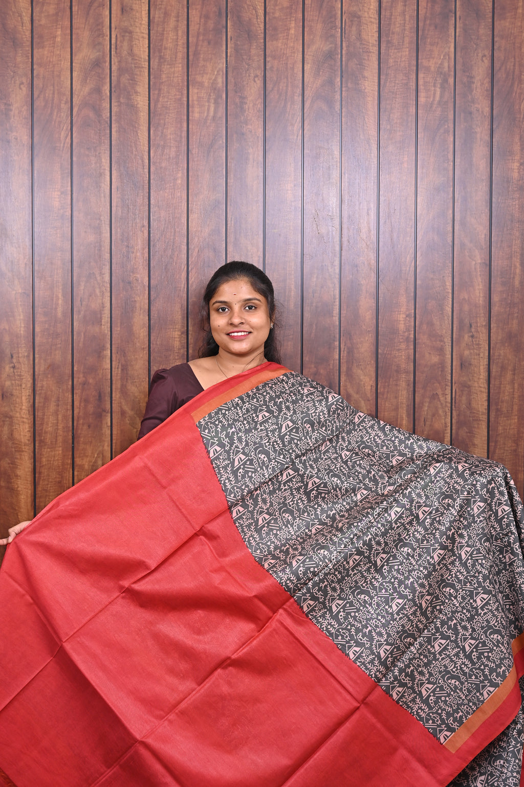 Semi Tussar Saree SLM-STS-0056 - Black and white print with a red and orange border - second view