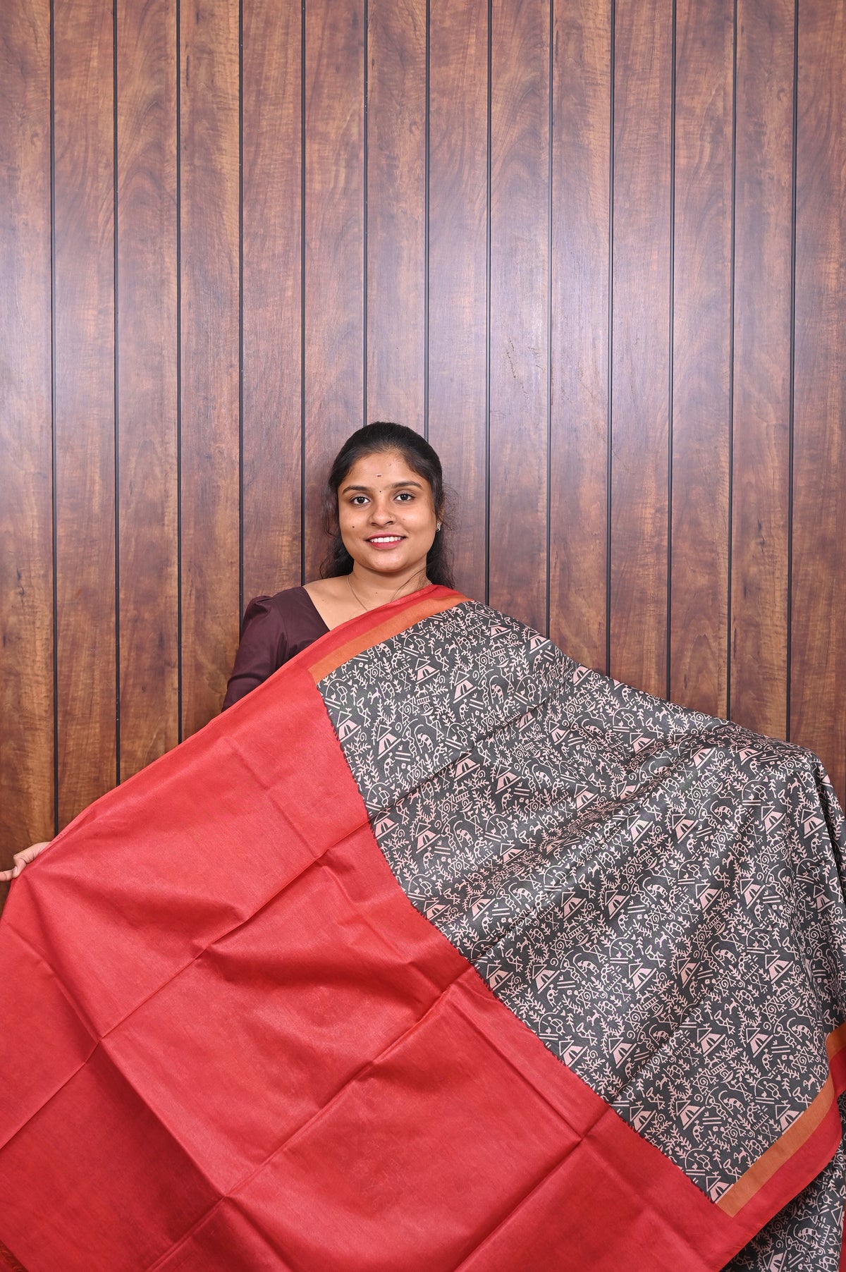 Semi Tussar Saree SLM-STS-0056 - Black and white print with a red and orange border - second view