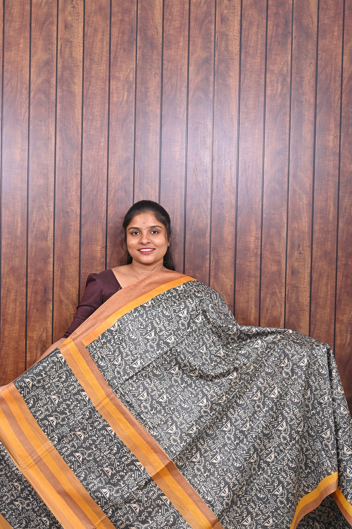 Semi Tussar Saree SLM-STS-0058 - Black and white print with an orange border - front view
