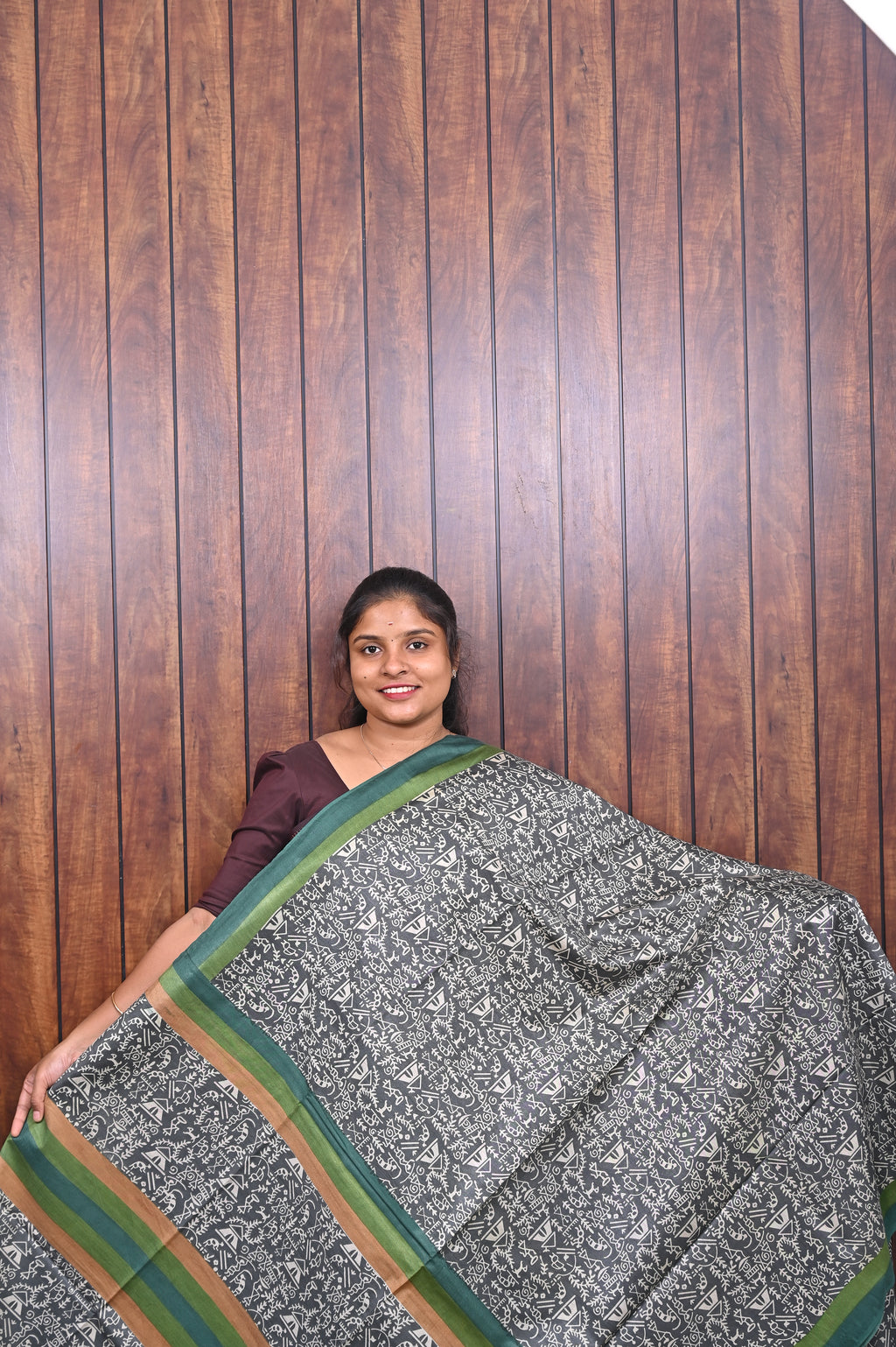 Semi Tussar Saree SLM-STS-0059 - Black and white print with a green border - front view