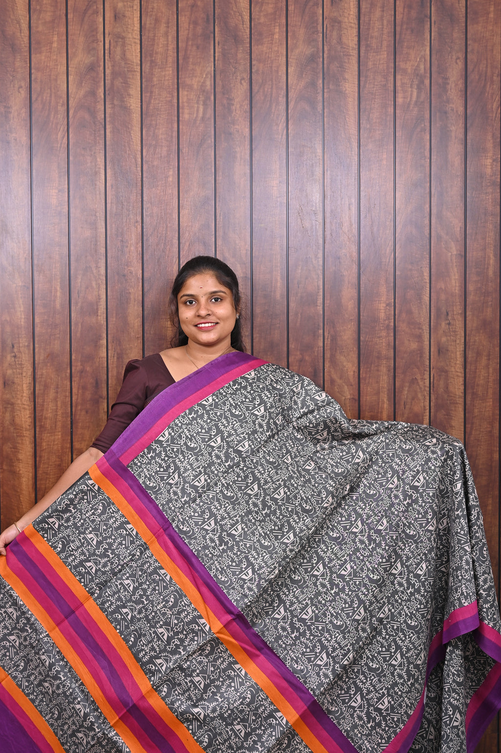 Semi Tussar Saree SLM-STS-0060 - Black and white print with a pink and orange border - front view